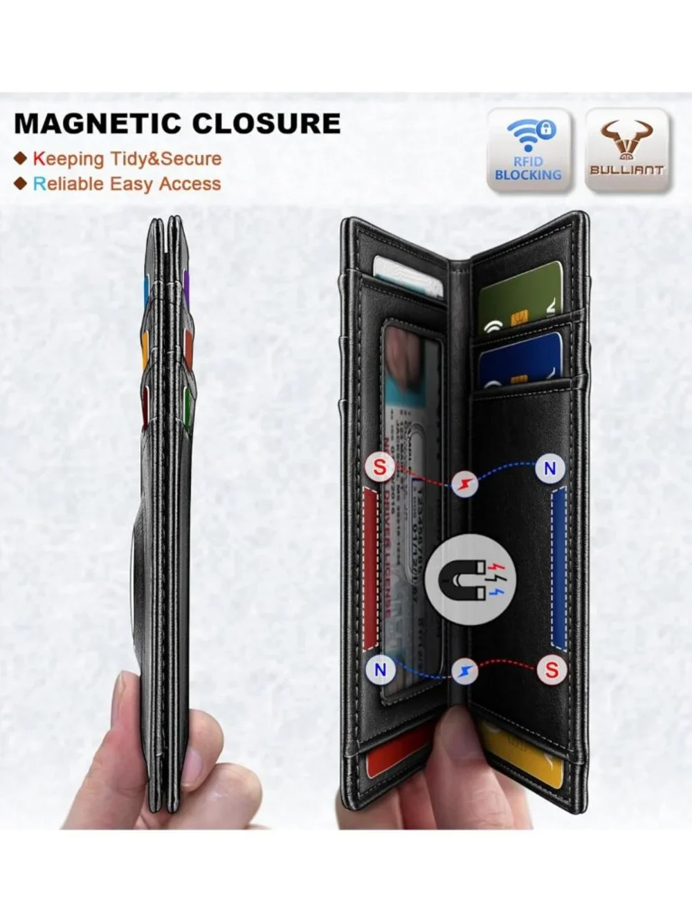 Slim Leather Wallet for Men | RFID Blocking, Magnetic Closure, 12 Card Slots